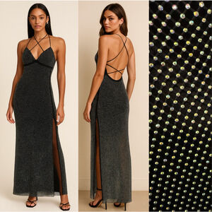 Crystal Doll M Vintage y2k Fishnet RHINESTONE Sequin Gown Bodycon Dress Black